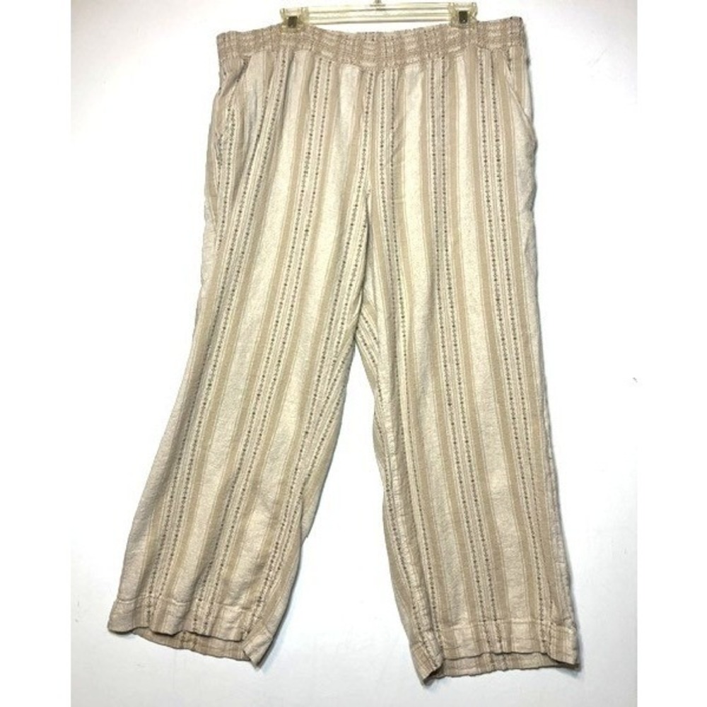 Briggs Womens XXL Linen Blend Striped Wide Leg Pull On Pants Beige Cream